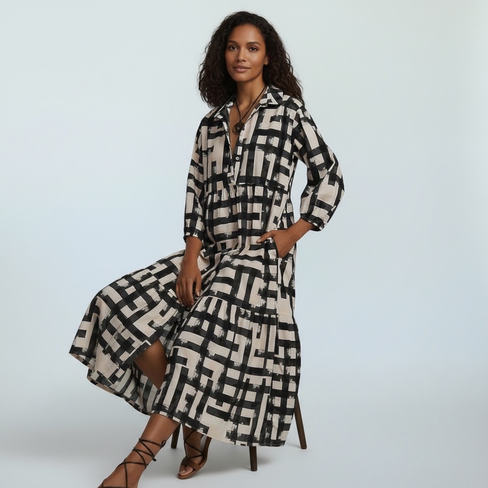 Dsewpaur/Boho/ 3/4 Puff Sleeve/Button Down Tiered/Maxi Shirt Dress/Size: Large - Picture 7 of 13